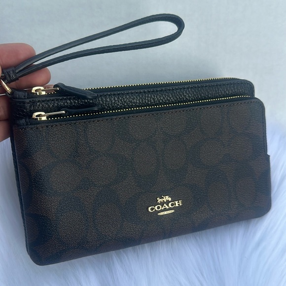 Coach Dark Brown Wristlet with Gold Zippers - Picture 1 of 5